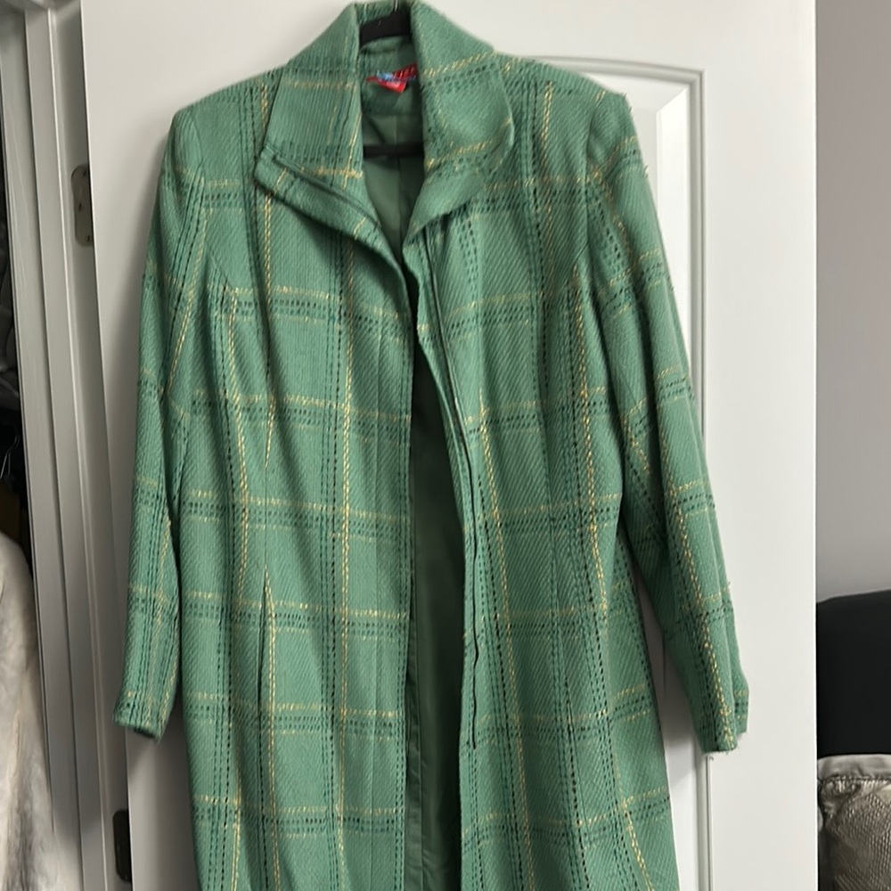 Green and Gold Trench Coat with Plaid Pattern